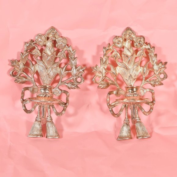 Set of 2 Silver Floral Candle Sconces, Vintage Silver Candle Holder, - Picture 1 of 8